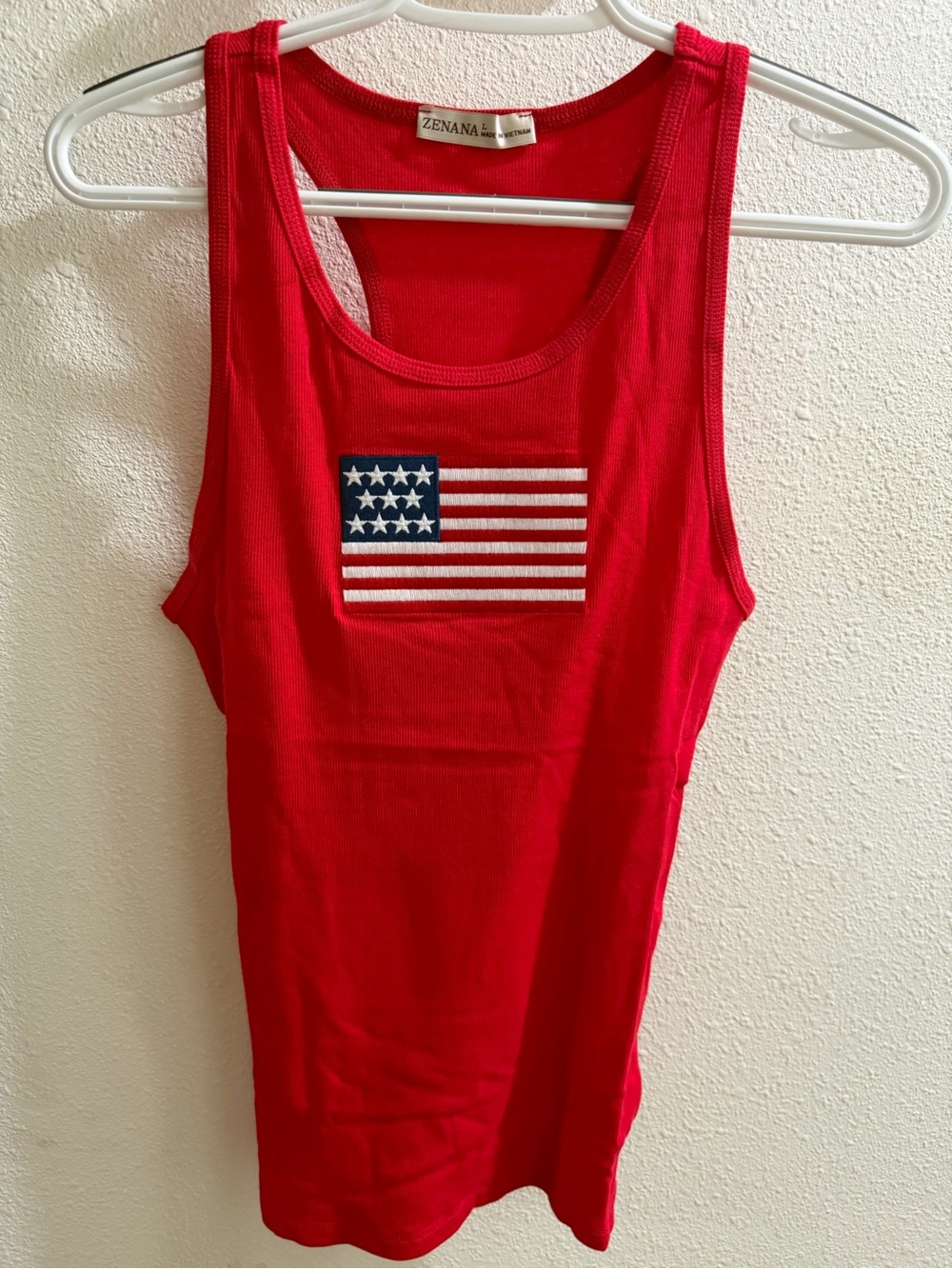Zenana Outfitters Red Ribbed Tank with Embroidered FlagPatch NWOT